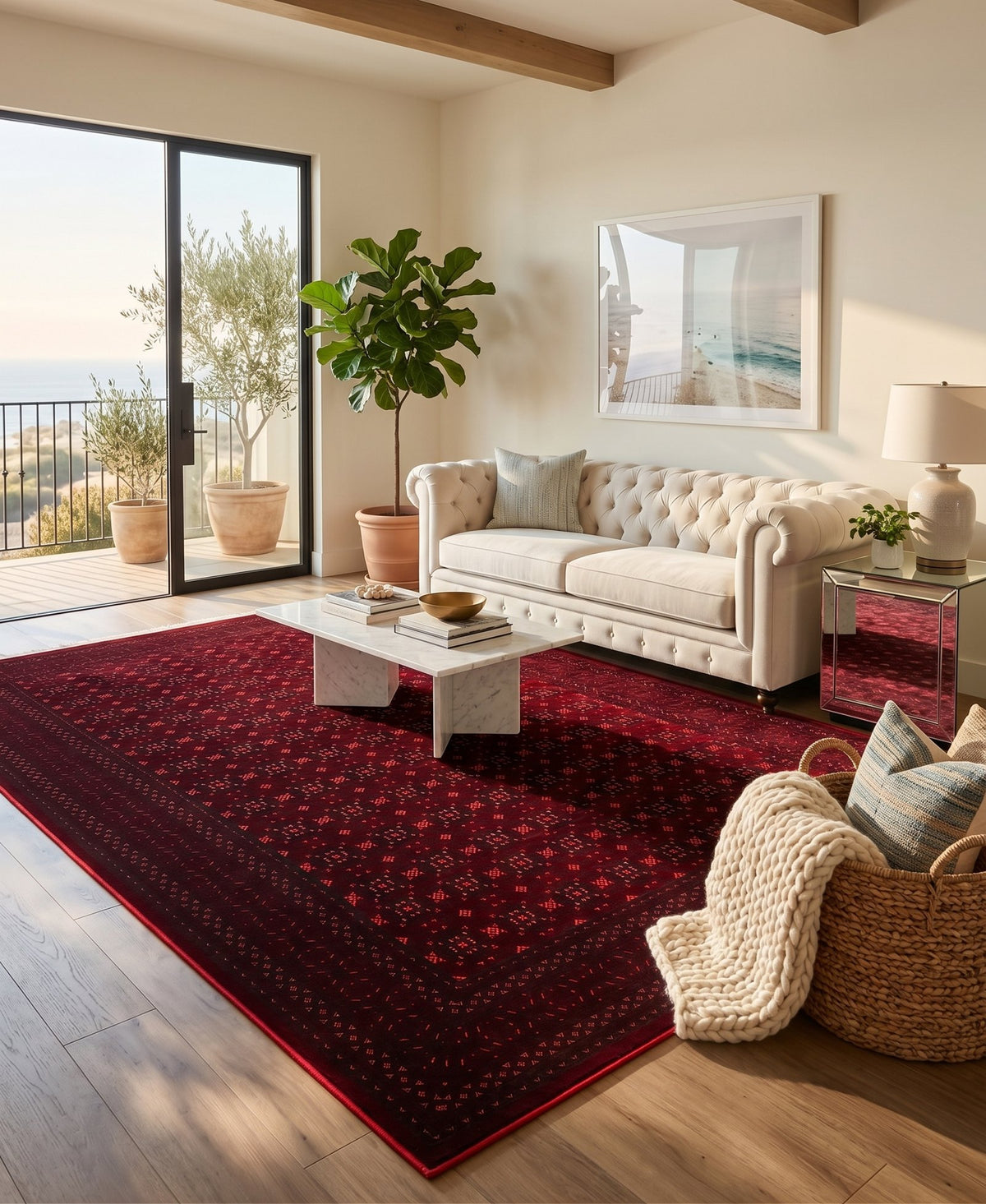 Red Tribal Persian Rug · 1200 Reeds styled in a room — Stylish Rugs & Carpets, Sacramento