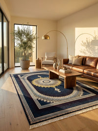 Navy & Burgundy Medallion Persian Rug · 1200 Reeds — size 3x10 Feet (91x300 cm)  3Meters Runner shown to scale in a living room — Stylish Rugs & Carpets, Sacramento