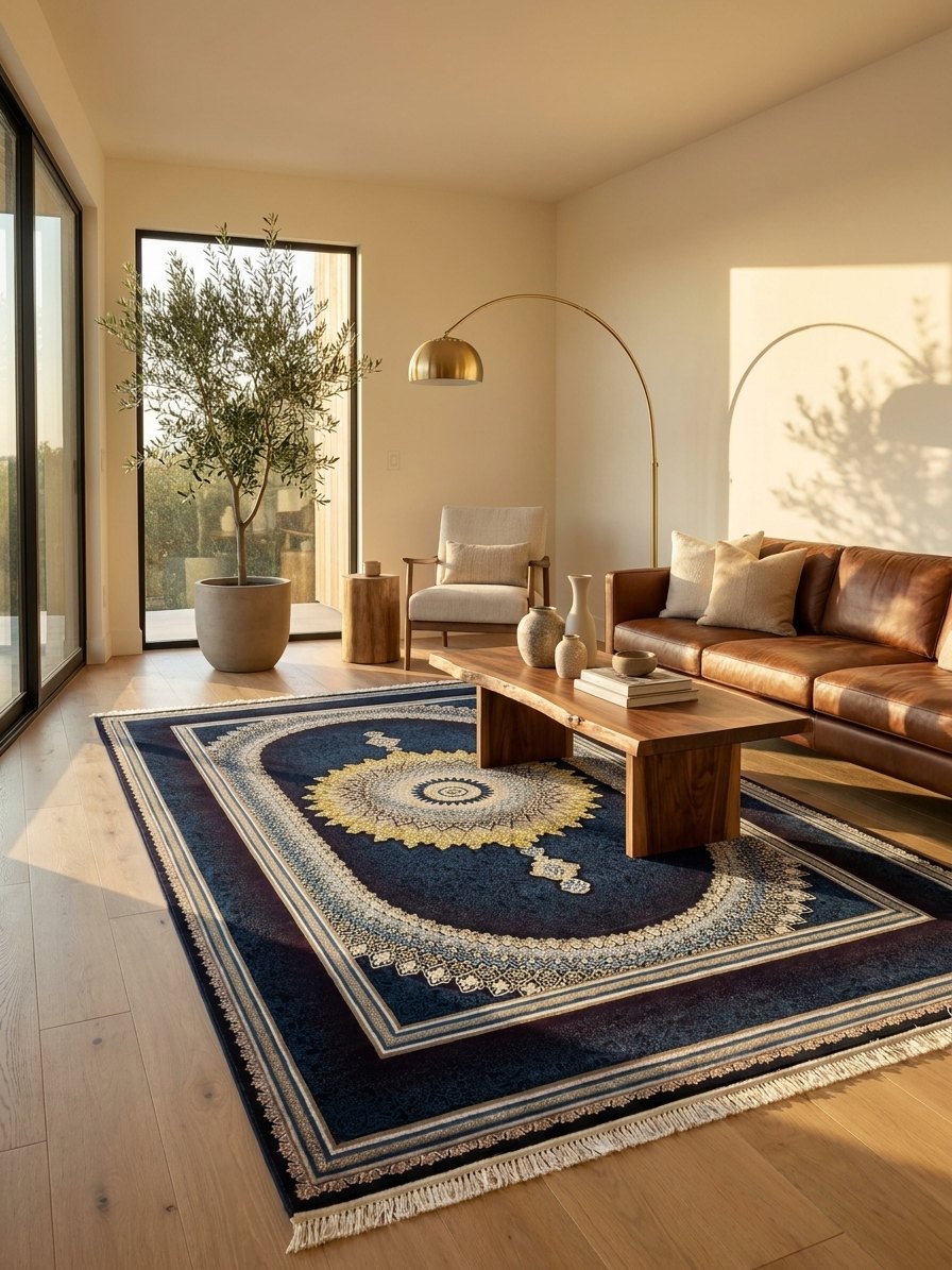 Navy & Burgundy Medallion Persian Rug · 1200 Reeds — size 3x10 Feet (91x300 cm)  3Meters Runner shown to scale in a living room — Stylish Rugs & Carpets, Sacramento