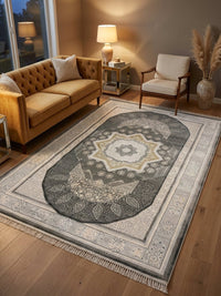 Dark Gray Panel Star Turkish Rug rug styled in a Sacramento home — Stylish Rugs & Carpets