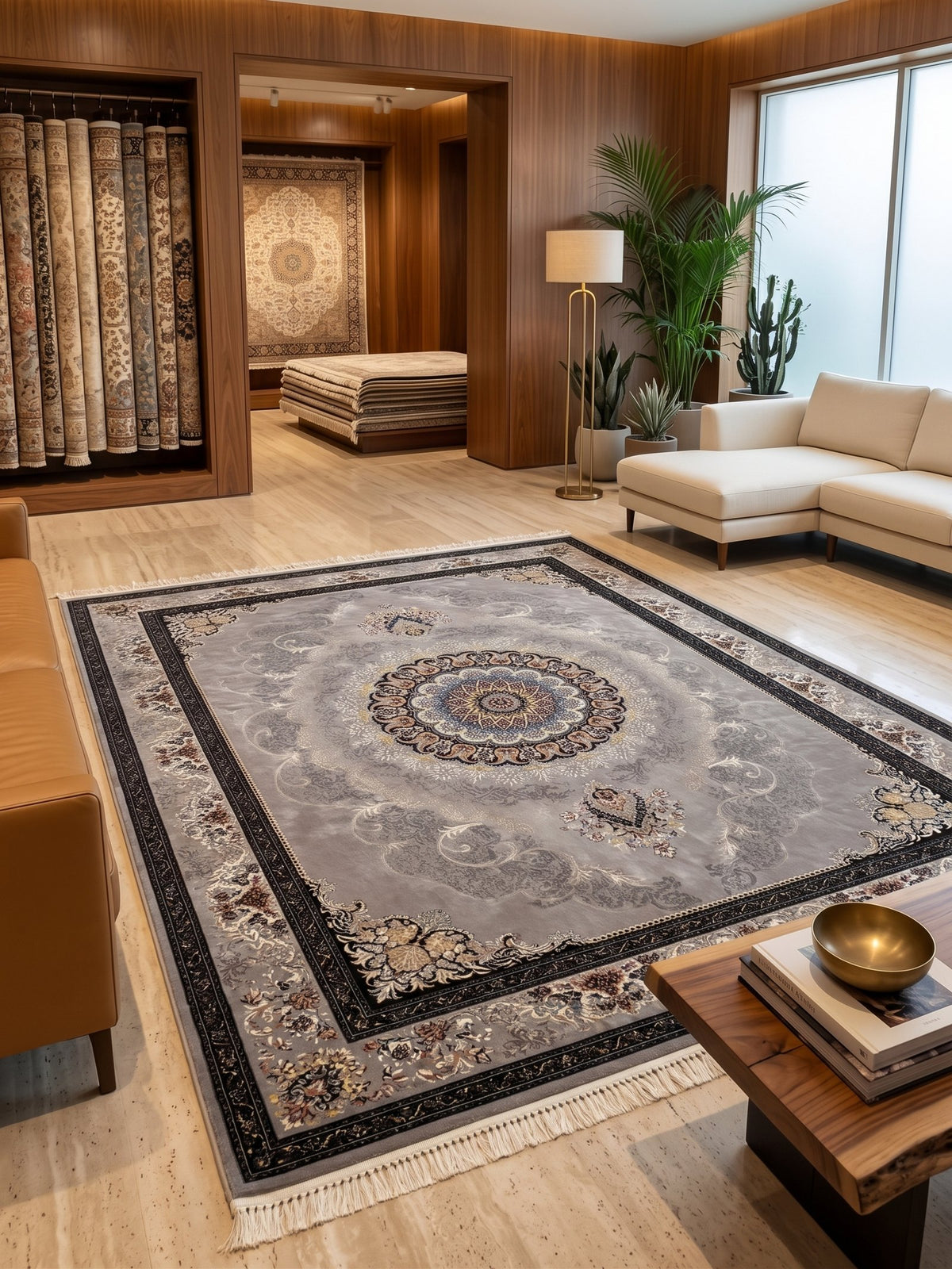 Classic Gray Medallion Persian Rug styled in a room — Stylish Rugs & Carpets, Sacramento