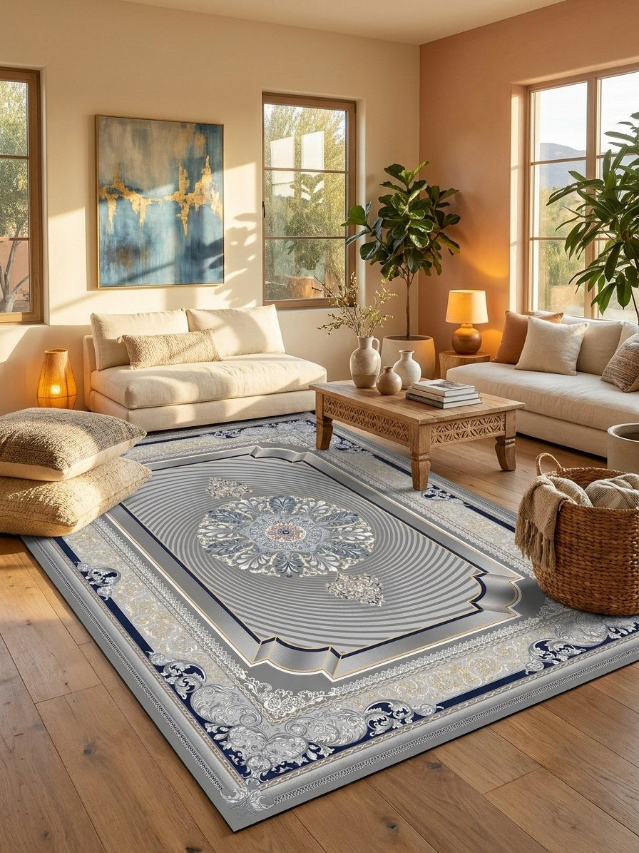 Dark Gray 3D Persian Rug · 1200 Reeds — size 5x7.5 ft (150x230 cm) 3.5Meters shown to scale in a living room — Stylish Rugs & Carpets, Sacramento
