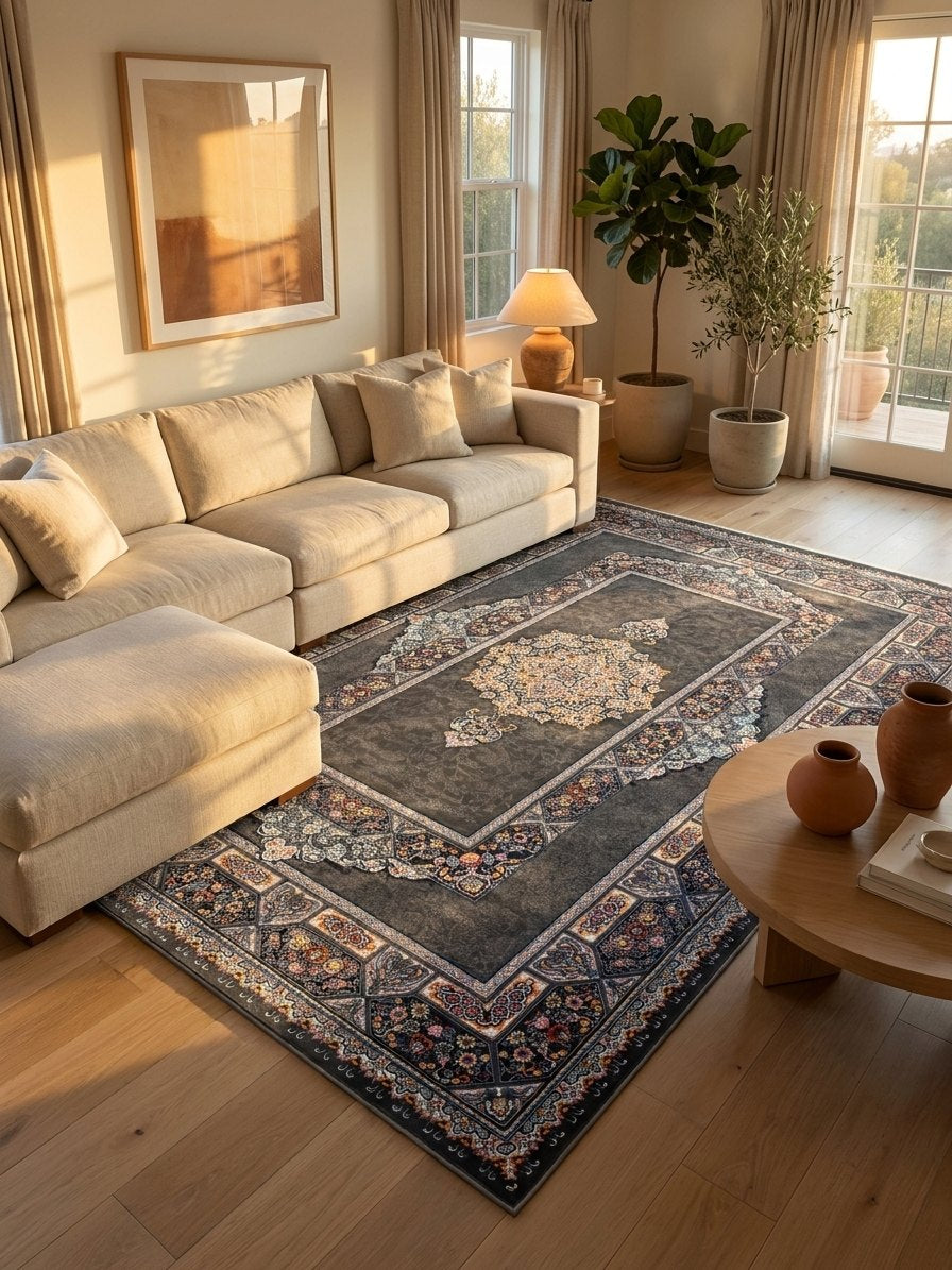 Dark Gray Medallion Persian Rug · 1200 Reeds — size 8.2x11.5 Feet (250x350 cm) 9Meters shown to scale in a living room — Stylish Rugs & Carpets, Sacramento
