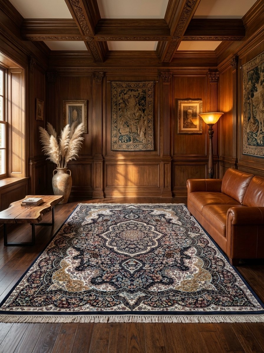 Kashan Persian Rug, Navy — 1200 Reeds — area rug styled in a room, Stylish Rugs & Carpets, Sacramento