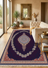 Burgundy & Gold Scroll Persian Rug · 1200 Reeds — size 3×13 ft (91×400 cm) shown to scale in a living room — Stylish Rugs & Carpets, Sacramento