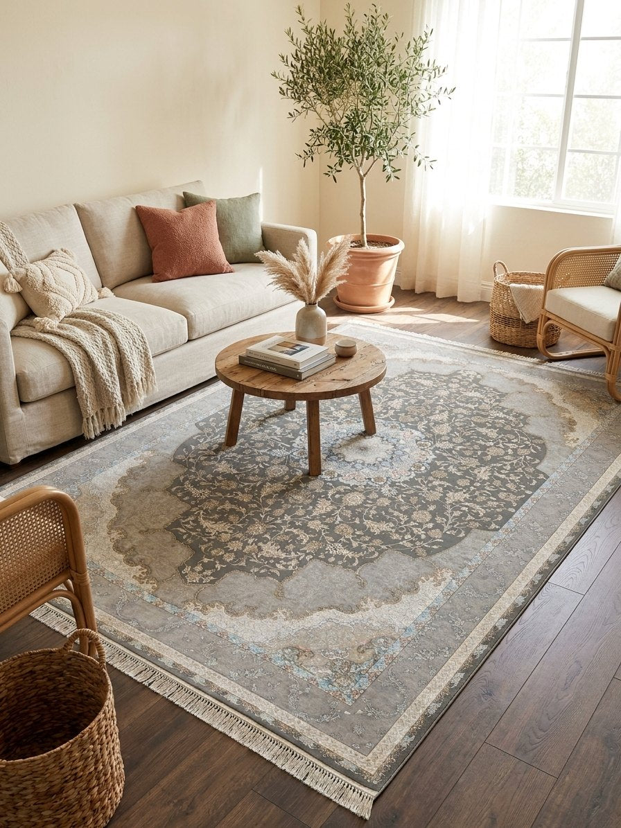 Gray Floral Persian Rug rug styled in a Sacramento home — Stylish Rugs & Carpets