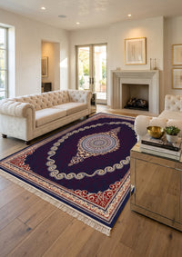 Burgundy & Gold Scroll Persian Rug · 1200 Reeds — size 3×10 ft (91×300 cm) shown to scale in a living room — Stylish Rugs & Carpets, Sacramento