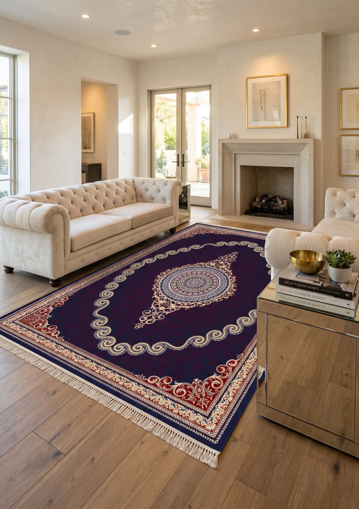 Burgundy & Gold Scroll Persian Rug · 1200 Reeds — size 3×10 ft (91×300 cm) shown to scale in a living room — Stylish Rugs & Carpets, Sacramento