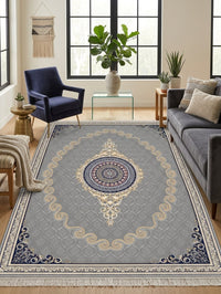 Silver & Gold Scroll Persian Rug · 1200 Reeds — size 5x7.5 ft (150x230 cm) 3.5Meters shown to scale in a living room — Stylish Rugs & Carpets, Sacramento