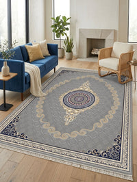 Silver & Gold Scroll Persian Rug · 1200 Reeds — size 8.2x11.5 Feet (250x350 cm) 9Meters shown to scale in a living room — Stylish Rugs & Carpets, Sacramento