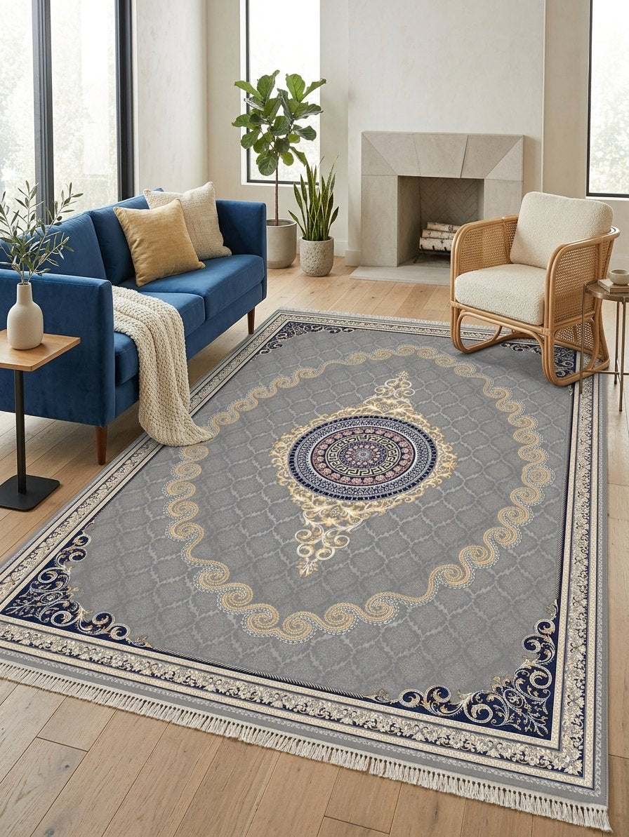 Silver & Gold Scroll Persian Rug · 1200 Reeds — size 8.2x11.5 Feet (250x350 cm) 9Meters shown to scale in a living room — Stylish Rugs & Carpets, Sacramento