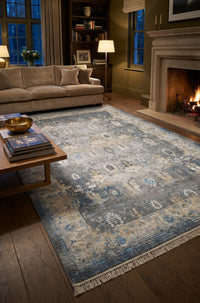 Blue & Gold Abstract Overdye Rug - Shadow Art Silk — area rug styled in a room, Stylish Rugs & Carpets, Sacramento