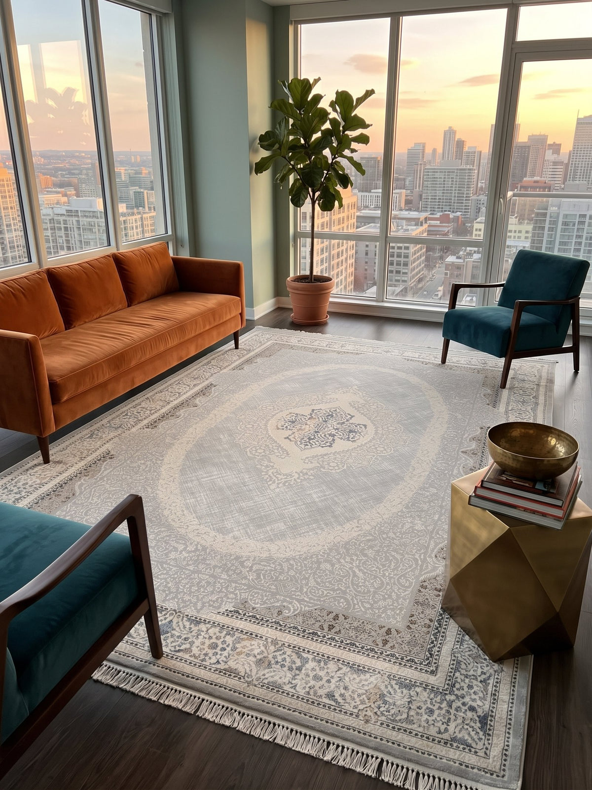 Light Gray Medallion Turkish Rug styled in a room — Stylish Rugs & Carpets, Sacramento