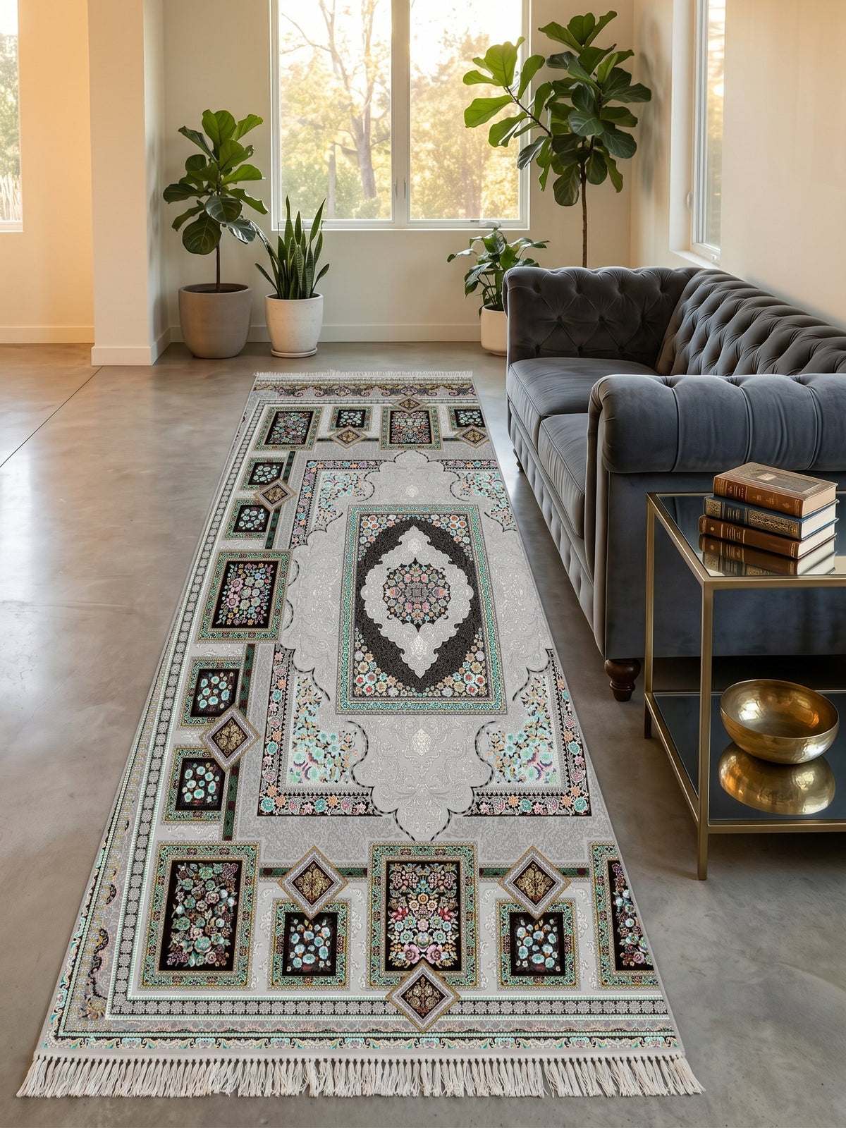 Silver Panel Persian Rug · 1200 Reeds — size 3x10Feet (91x300cm)  3Meters Runner shown to scale in a living room — Stylish Rugs & Carpets, Sacramento
