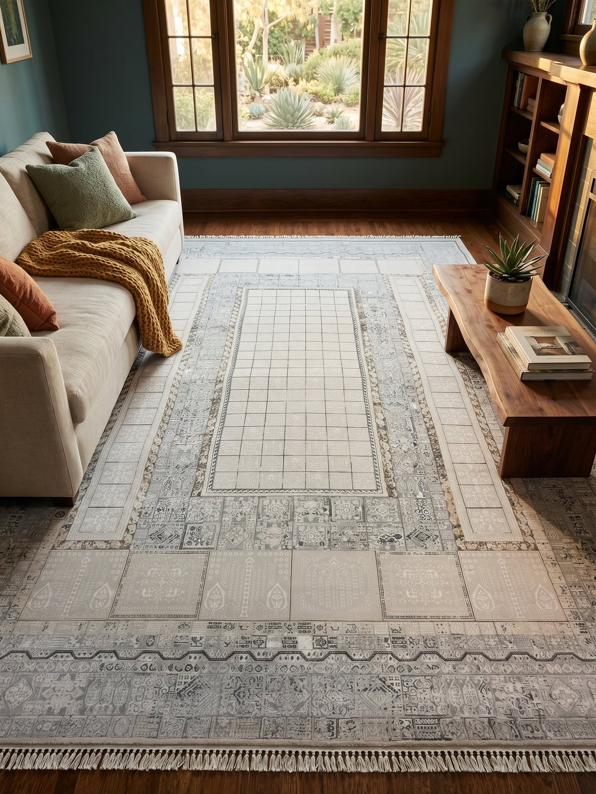 Light Gray Geometric-Panel Turkish Rug styled in a room — Stylish Rugs & Carpets, Sacramento