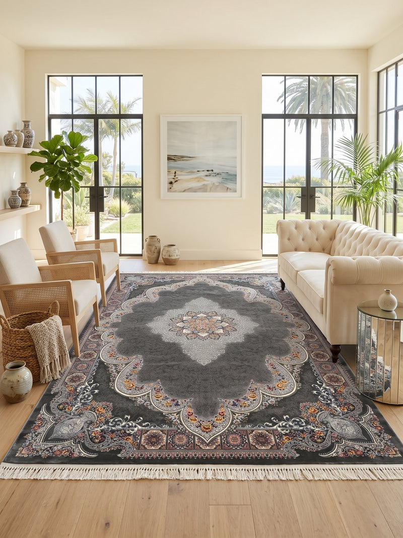 2026 Luxury Traditional Persian-Inspired Rug Dark Gray Ornate Medallion Arch Design 1200 Reeds