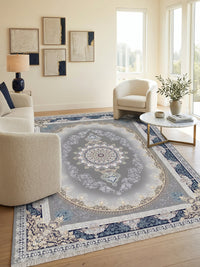 Navy-Border Oval Medallion Persian Rug · 1200 Reeds — size 6.5x10 Feet (200x300 cm) 6Meters shown to scale in a living room — Stylish Rugs & Carpets, Sacramento