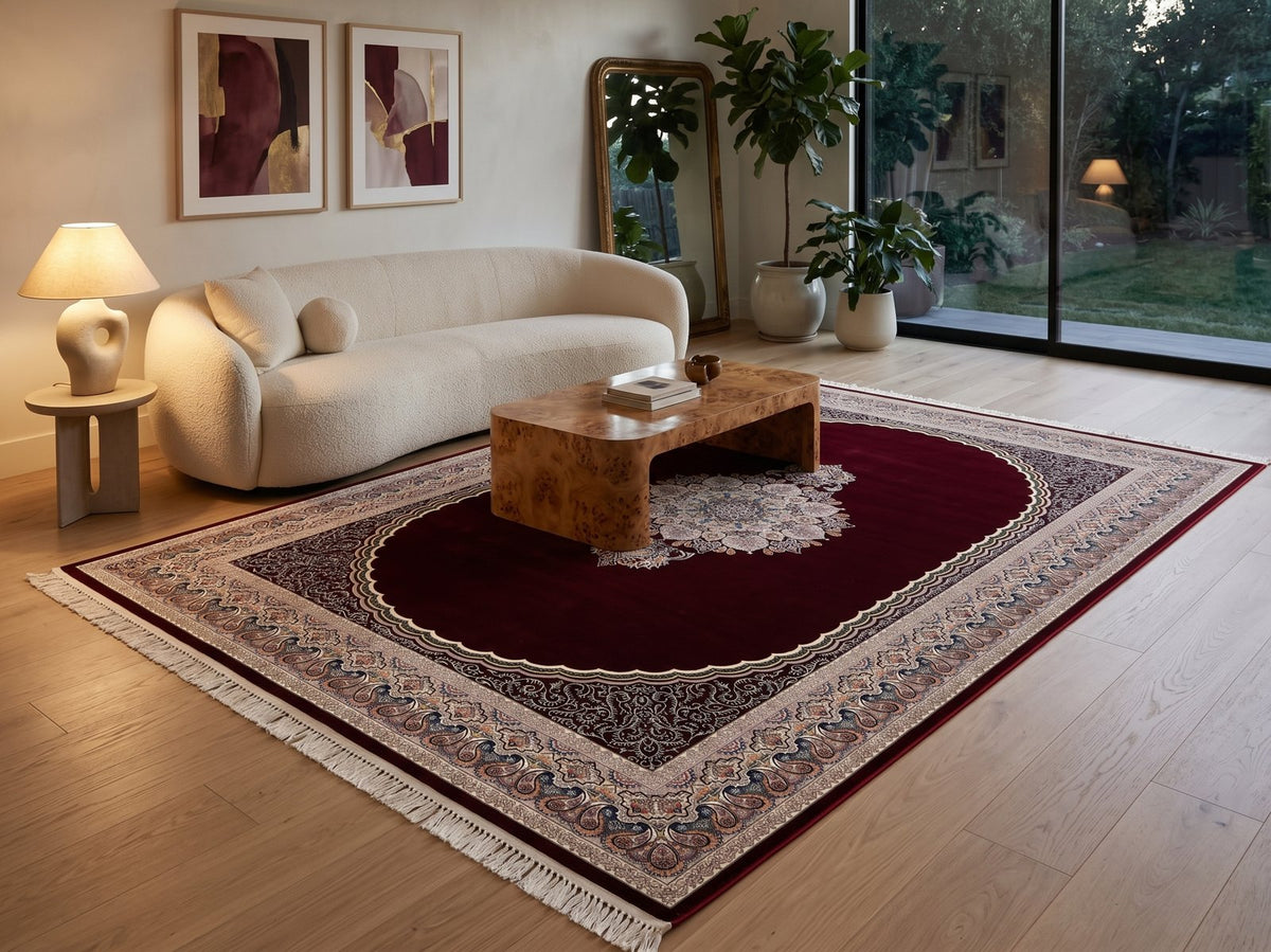 Burgundy Red Medallion Persian Rug · 1200 Reeds — size 6.5x10 Feet (200x300 cm) 6Meters shown to scale in a living room — Stylish Rugs & Carpets, Sacramento