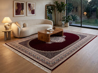 Burgundy Red Medallion Persian Rug · 1200 Reeds — size 6.5x10 Feet (200x300 cm) 6Meters shown to scale in a living room — Stylish Rugs & Carpets, Sacramento