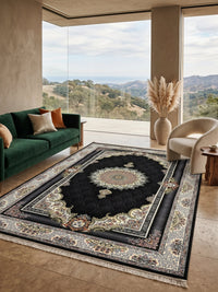 Black & Gold Floral Turkish Rug styled in a room — Stylish Rugs & Carpets, Sacramento