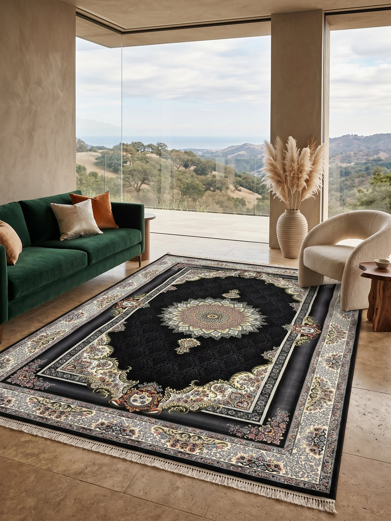 Black and Gold Floral Medallion Turkish Rug | Stylish Rugs