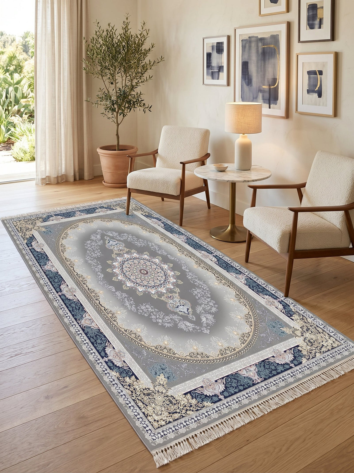 Navy-Border Oval Medallion Persian Rug · 1200 Reeds — size 3x13 Feet (91x400 cm) 4Meters Runner shown to scale in a living room — Stylish Rugs & Carpets, Sacramento