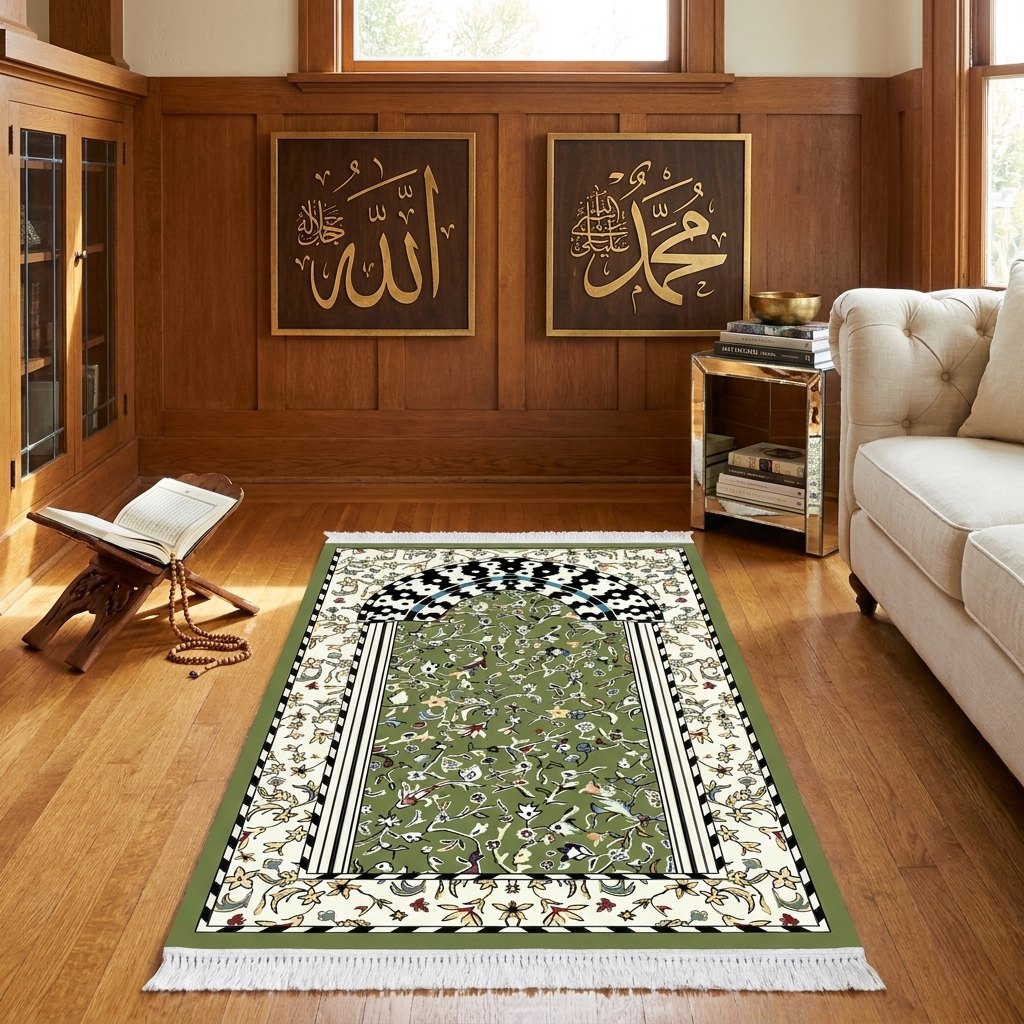 Rawdah Mehrab Floral Prayer Mat · Olive Green Arch — area rug styled in a room, Stylish Rugs & Carpets, Sacramento