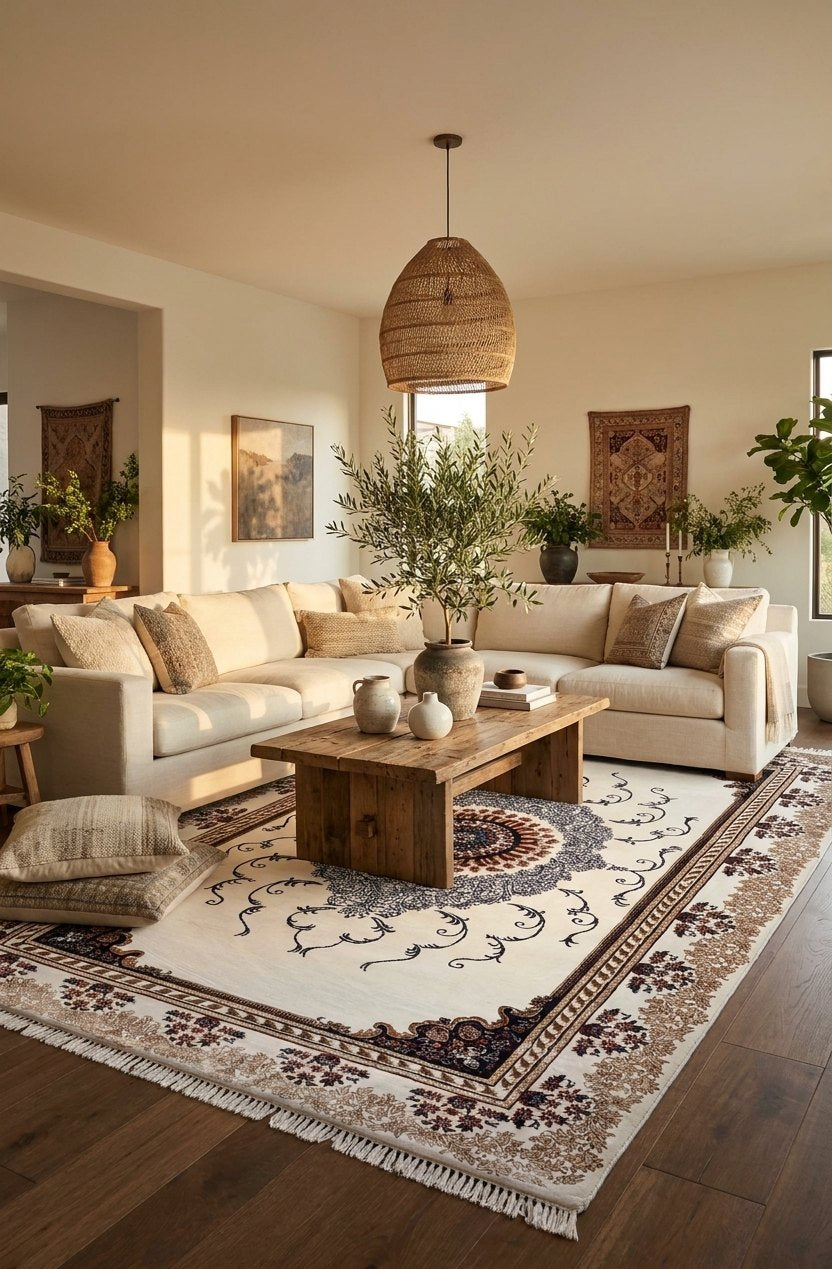 Luxury Cream Turkish Rug — 1.5M Points — area rug styled in a room, Stylish Rugs & Carpets, Sacramento
