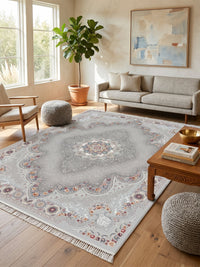 Light Gray Ornate Arch Medallion Persian Rug · 1200 Reeds — size 8.2x11.5 Feet (250x350 cm) 9Meters shown to scale in a living room — Stylish Rugs & Carpets, Sacramento