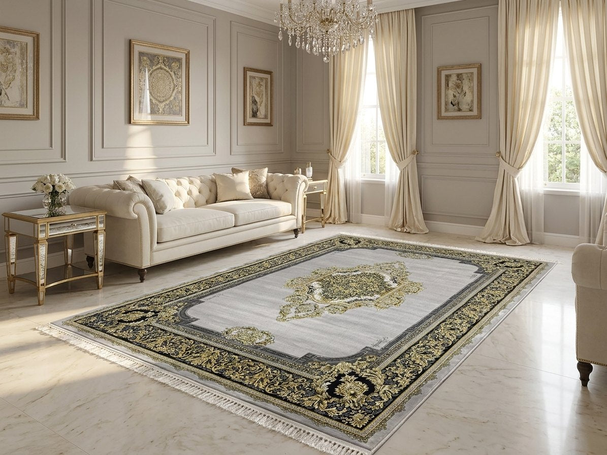 Room scene · Gray & Gold Medallion Shah Persian Rug