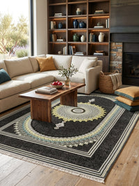 Black Sunburst Medallion Turkish Rug styled in a room — Stylish Rugs & Carpets, Sacramento