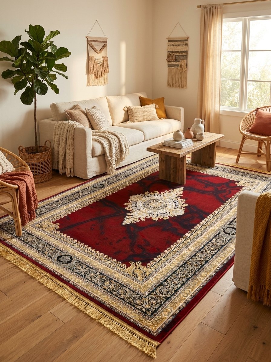Red Medallion Persian Rug rug styled in a Sacramento home — Stylish Rugs & Carpets
