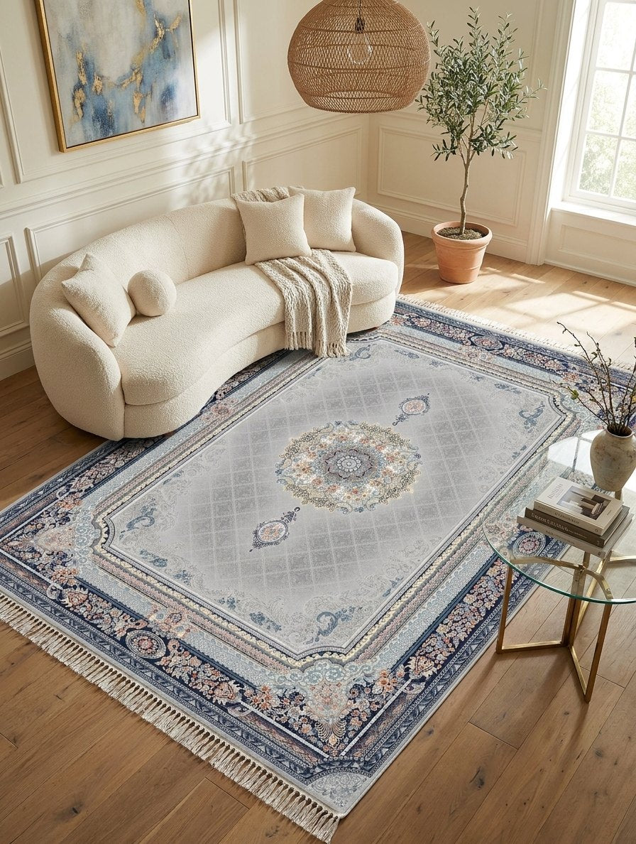 Silver Gray Medallion Persian Rug · 1200 Reeds rug styled in a Sacramento home — Stylish Rugs & Carpets