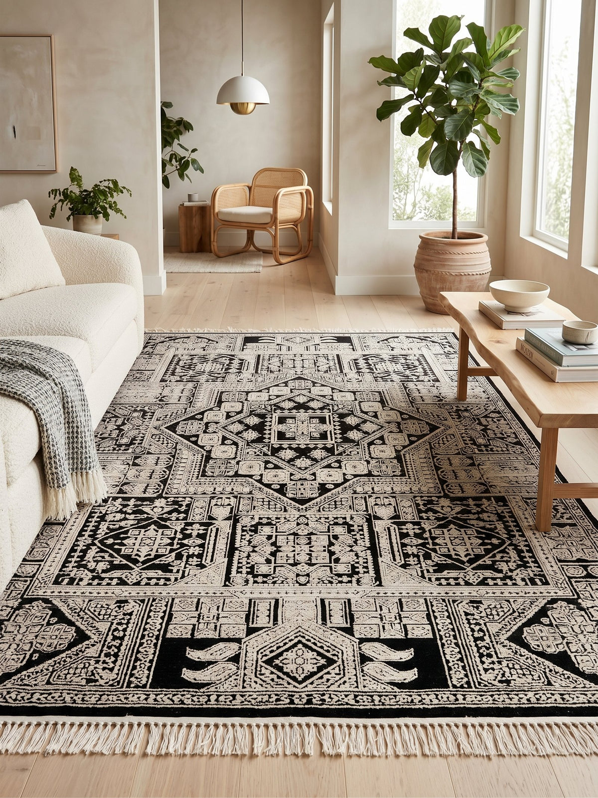 Black White Antique-Style Bamboo Rug styled in a room — Stylish Rugs & Carpets, Sacramento