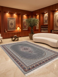 Light Gray Elegant Medallion Persian Rug · 1200 Reeds styled in a room — Stylish Rugs & Carpets, Sacramento