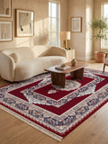 Red Traditional Medallion Persian Rug · 1200 Reeds — size 3×6 ft (91×200 cm) shown to scale in a living room — Stylish Rugs & Carpets, Sacramento