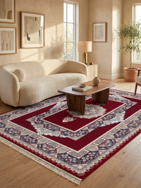 Red Traditional Medallion Persian Rug · 1200 Reeds — size 3×6 ft (91×200 cm) shown to scale in a living room — Stylish Rugs & Carpets, Sacramento