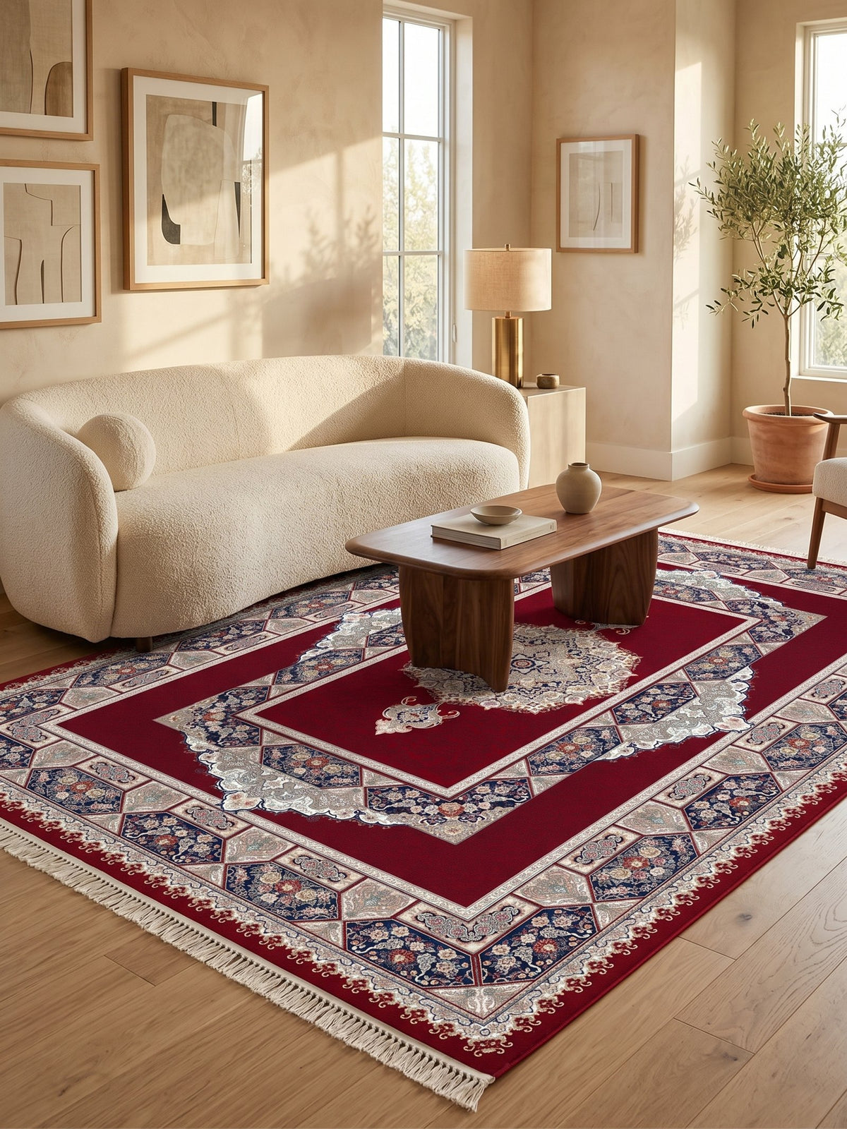 Red Traditional Medallion Persian Rug · 1200 Reeds — size 3×6 ft (91×200 cm) shown to scale in a living room — Stylish Rugs & Carpets, Sacramento
