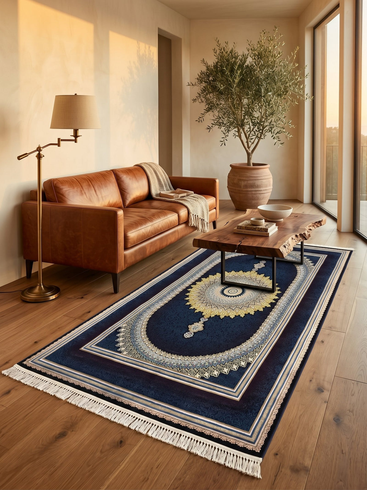 Navy & Burgundy Medallion Persian Rug · 1200 Reeds — size 3x13 Feet (91x400 cm) 4Meters Runner shown to scale in a living room — Stylish Rugs & Carpets, Sacramento