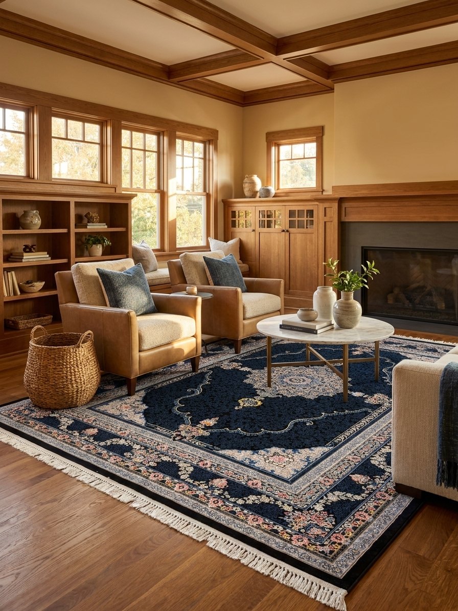 Navy Medallion Persian Rug · 1200 Reeds rug styled in a Sacramento home — Stylish Rugs & Carpets