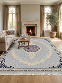 Light Silver & Gold Scroll Persian Rug · 1200 Reeds styled in a room — Stylish Rugs & Carpets, Sacramento