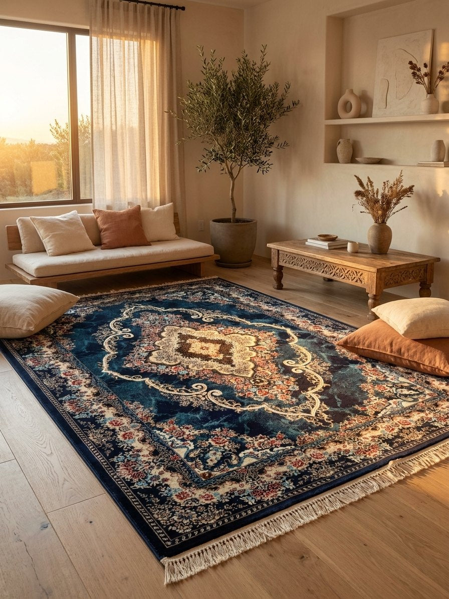 Star Persian Rug, Blue Mix — 1200 Reeds — area rug styled in a room, Stylish Rugs & Carpets, Sacramento