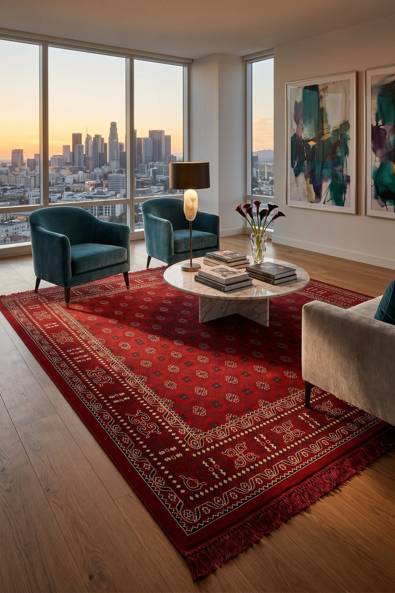 Red and ivory Turkmen all-over rug, design 00389A, wide ivory border — Stylish Rugs & Carpets, Sacramento