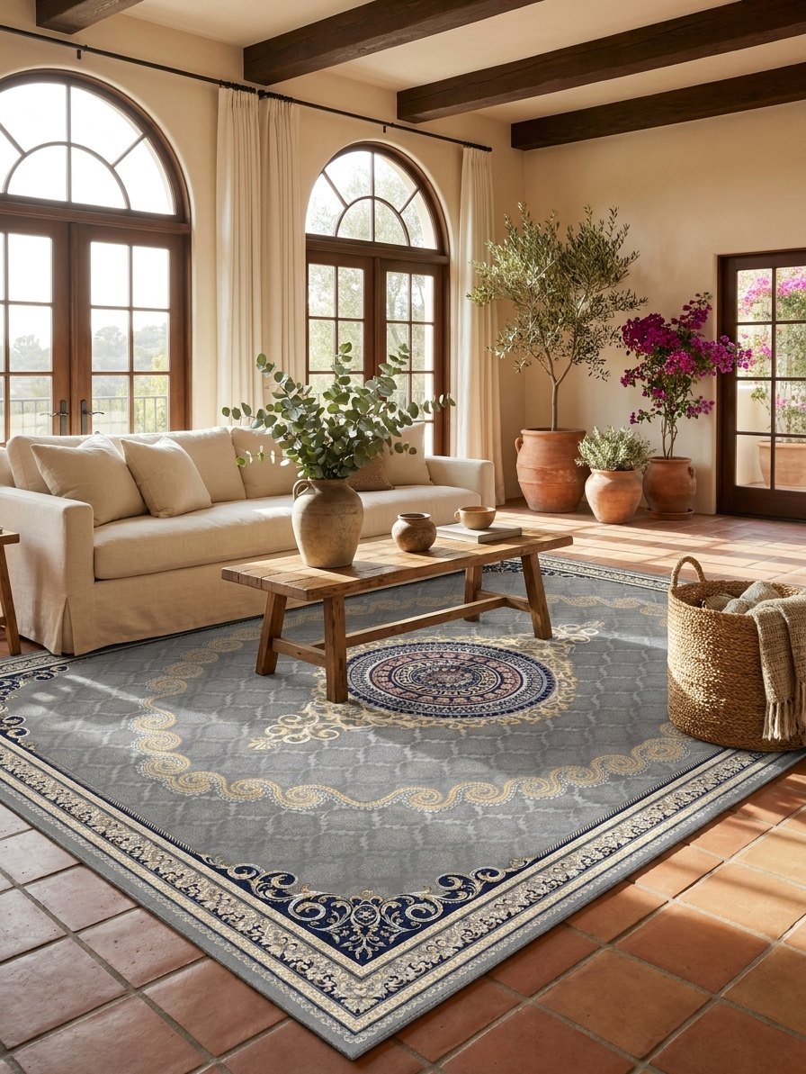 Silver & Gold Scroll Persian Rug · 1200 Reeds rug styled in a Sacramento home — Stylish Rugs & Carpets