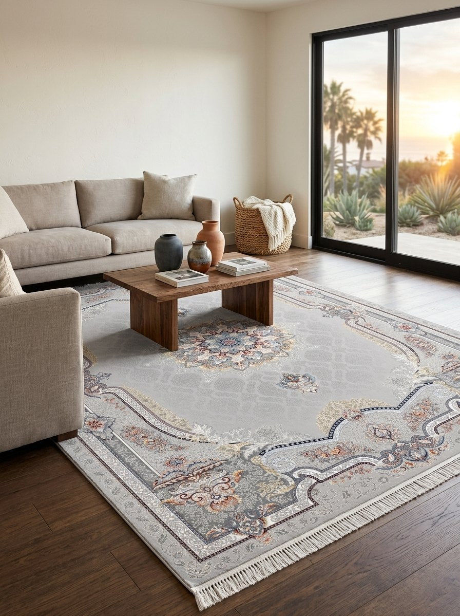 Silver Medallion Persian Rug · 1200 Reeds — size 6.5x10 Feet (200x300 cm) 6Meters shown to scale in a living room — Stylish Rugs & Carpets, Sacramento