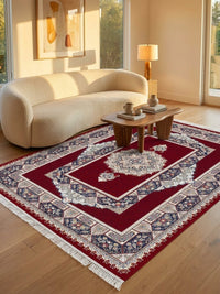 Red Medallion Persian Rug · 1200 Reeds — size 5x7.5 ft (150x230 cm) 3.5Meters shown to scale in a living room — Stylish Rugs & Carpets, Sacramento
