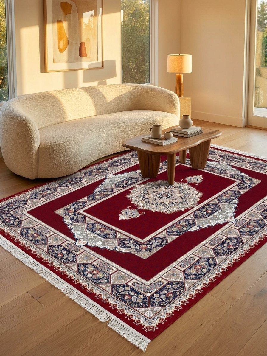Red Medallion Persian Rug · 1200 Reeds — size 5x7.5 ft (150x230 cm) 3.5Meters shown to scale in a living room — Stylish Rugs & Carpets, Sacramento