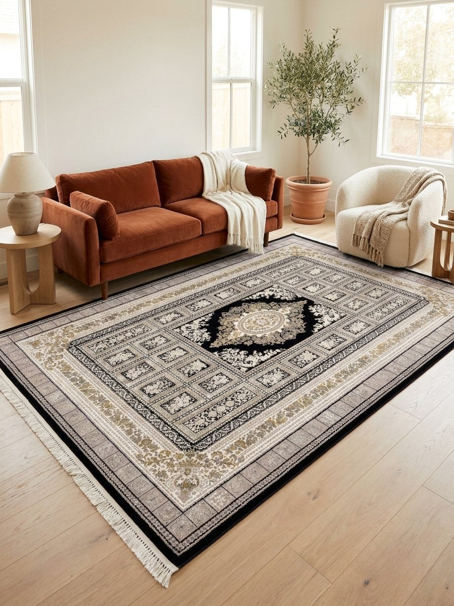 Navy & Gold Medallion Persian Rug · 1200 Reeds rug styled in a Sacramento home — Stylish Rugs & Carpets