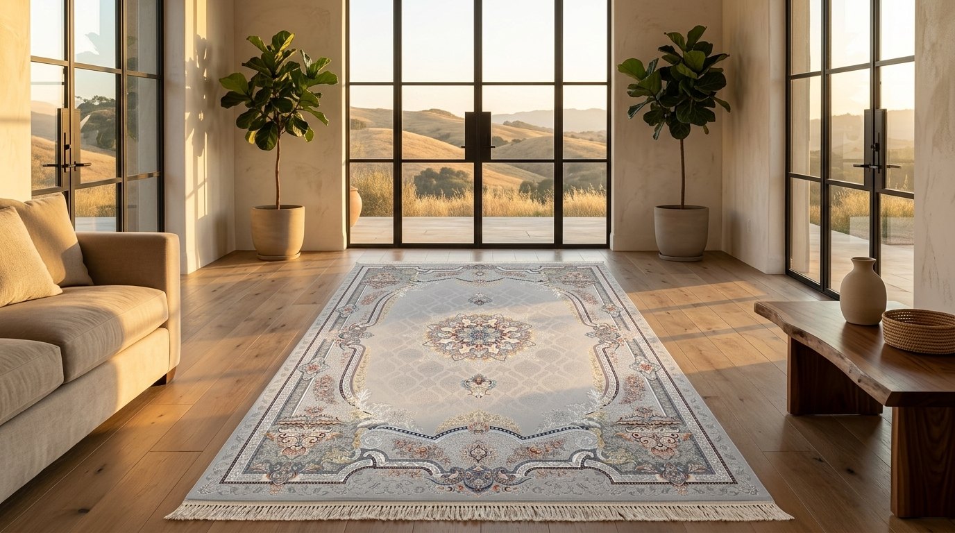 Silver Medallion Persian Rug · 1200 Reeds — size 3x13 Feet (91x400 cm) 4Meters Runner shown to scale in a living room — Stylish Rugs & Carpets, Sacramento