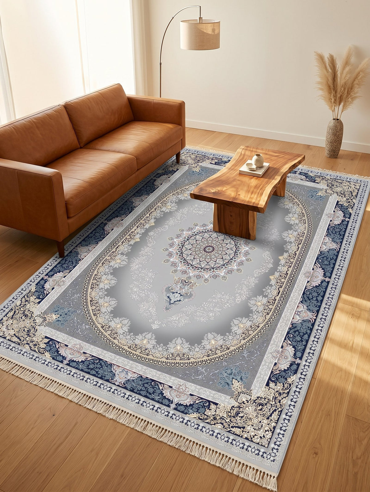 Navy-Border Silver Oval Medallion Persian Rug · 1200 Reeds — size 3x13 Feet (91x400 cm) 4Meters Runner shown to scale in a living room — Stylish Rugs & Carpets, Sacramento